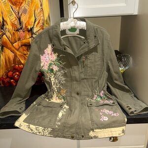 Anthropologie Beaded Sequined Floral Army Green Khaki Military Jacket Zip XS EUC
